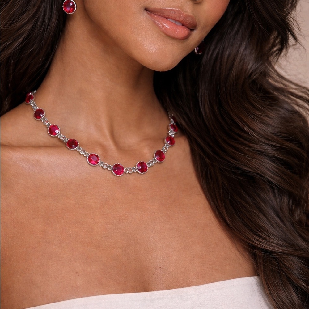 Red ruby jewelry set 2 pc necklace & earrings